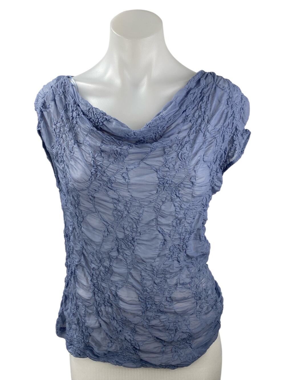 Zara Womens Blue Textured Ruched Cowl Neck Short Cap Sleeve Blouse Top Size L